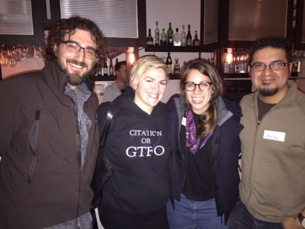 Happy punters enjoying the event - R to L George Aranda, Claire Farrugia, and SciBabe and friend. 